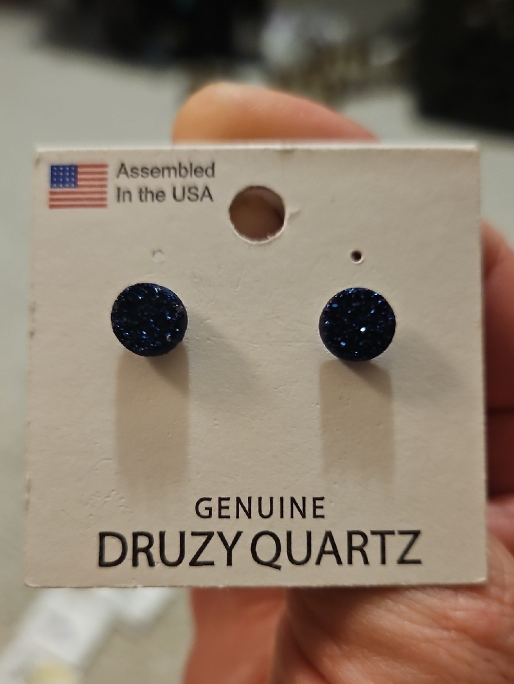 Genuine Druzy Quartz Round Stud Earrings - Dark Navy Blue